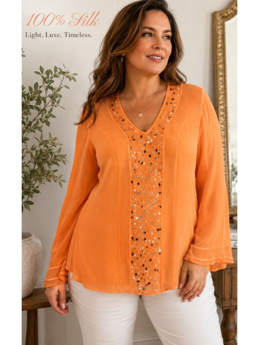 NEW Womens 1X 100% Silk Sequin Beaded Blouse NWT Orange Sheer Romantic Boho Luxe
